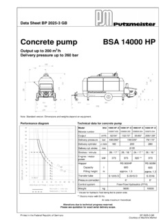 Putzmeister BSA 14000 HP Specifications